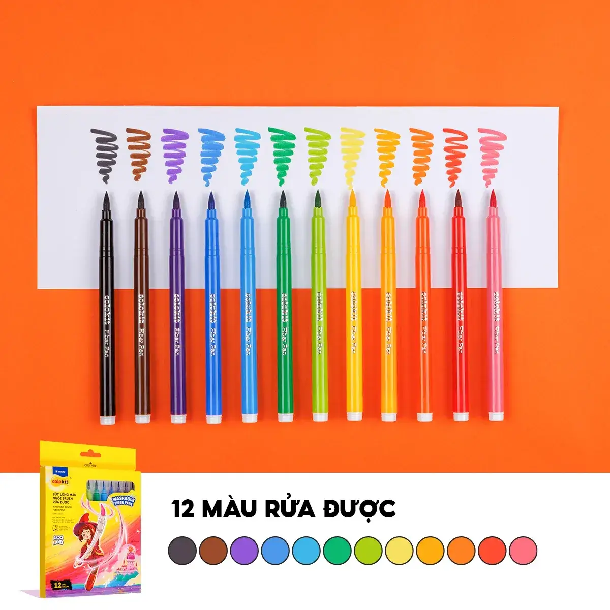 Hộp bút lông 12/ 24 màu rửa được - Washable Brush Fiber Pen Thiên Long Colokit - Nhân vật Futy Akooland thế giới học cụ thần kỳ 6 Hop but long 12 24 mau rua duoc 06